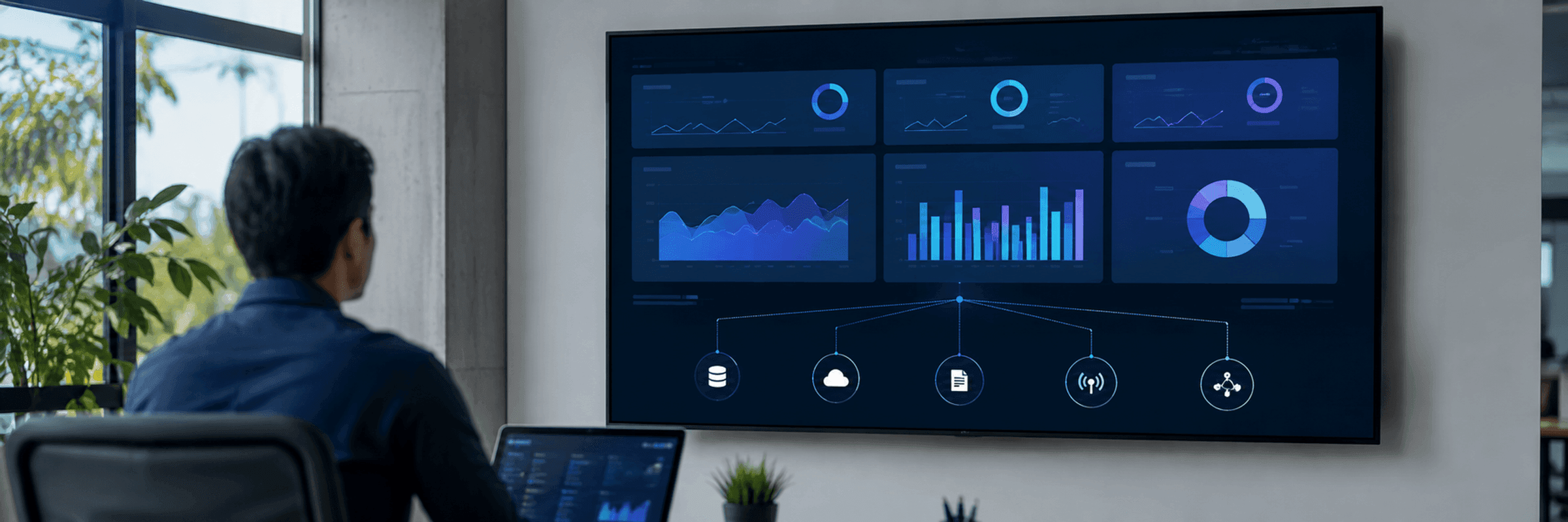 Dashboard marketingowy na dużym ekranie z sześcioma wykresami i ikonami źródeł danych poniżej
