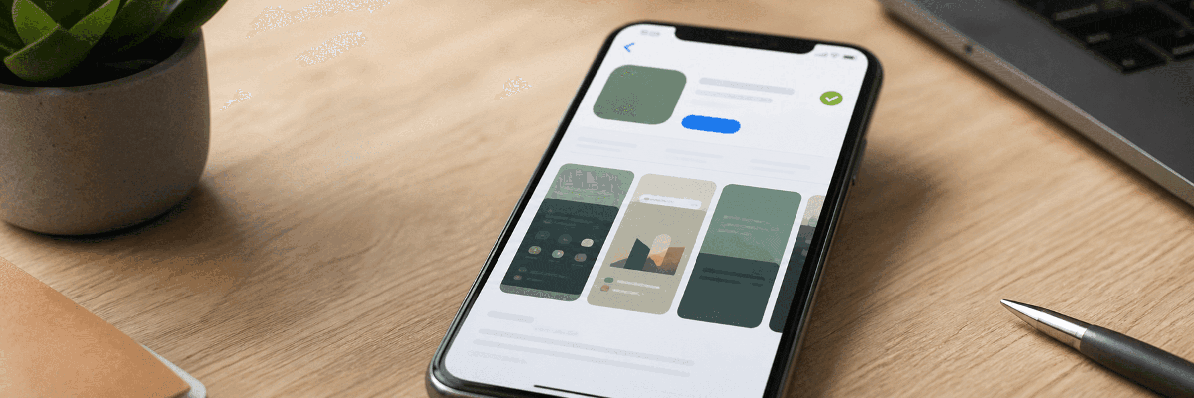 Ekran iPhone'a z kartą aplikacji i zielonym znacznikiem zatwierdzenia w rogu