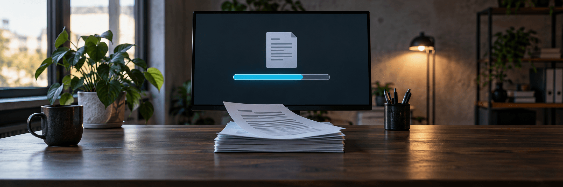 Ekran z paskiem postępu i dokument wprowadzany do automatycznego procesu
