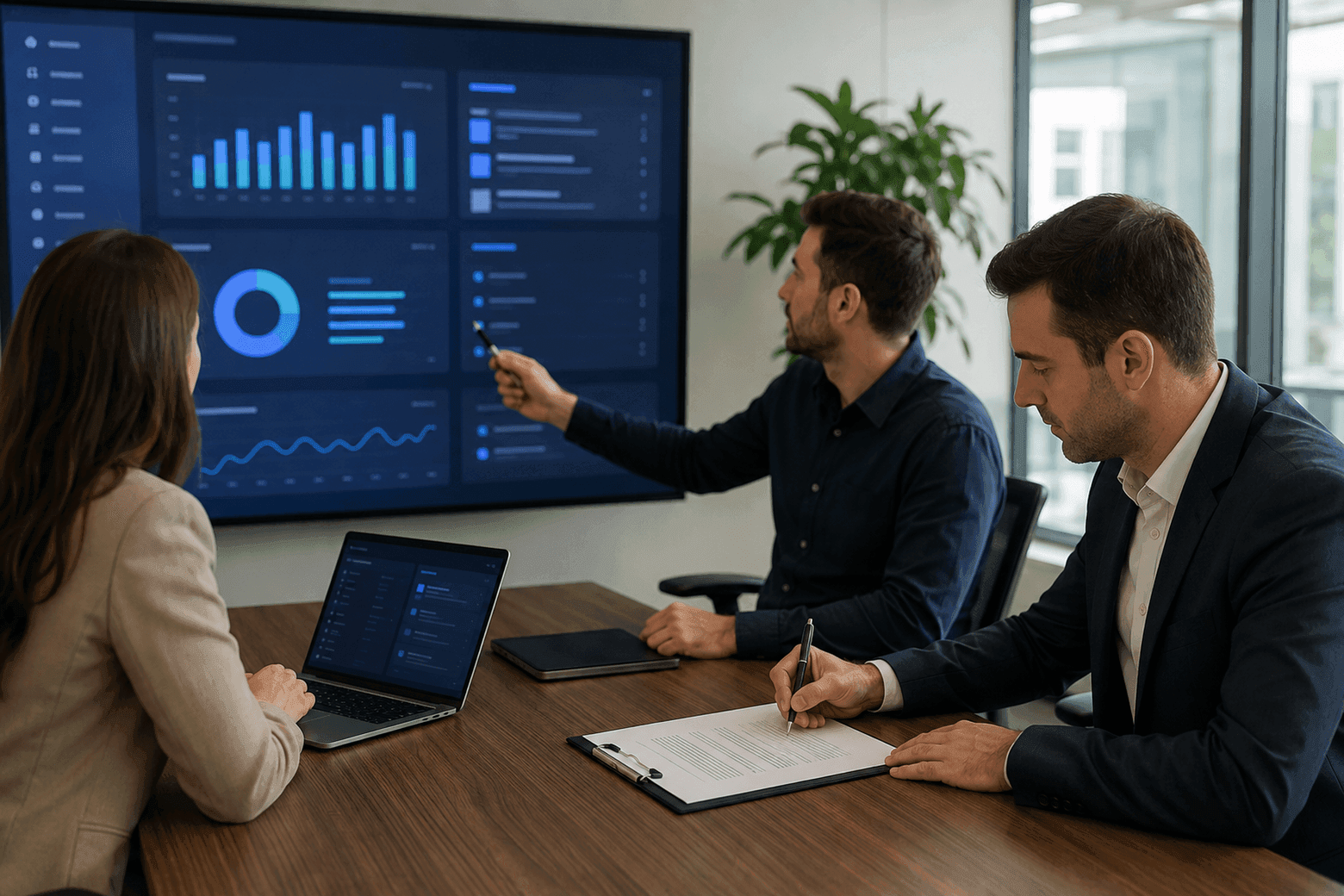 Mężczyzna podpisuje dokument na spotkaniu, w tle duży ekran z działającym dashboardem systemu