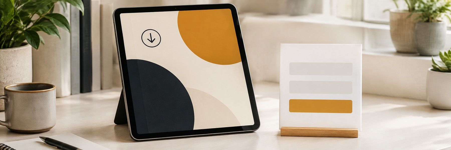 Tablet z okładką ebooka obok formularza zapisu z wyróżnionym przyciskiem