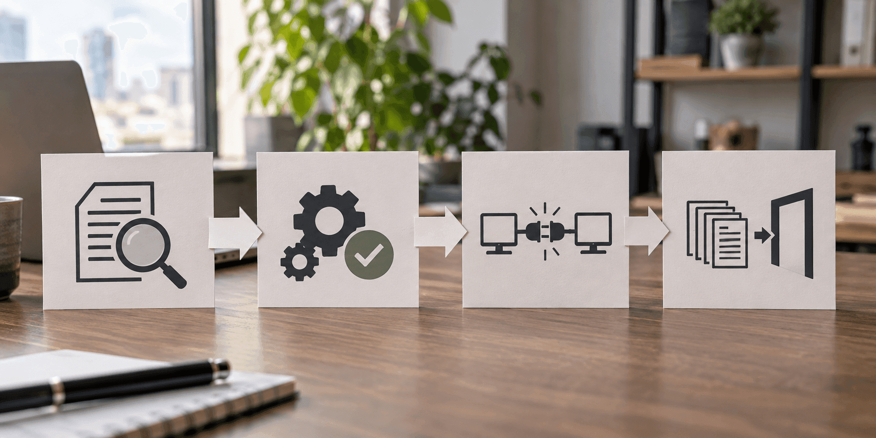 Diagram czterech kroków: analiza próbki, budowa i test, integracja, wdrożenie próbne.
