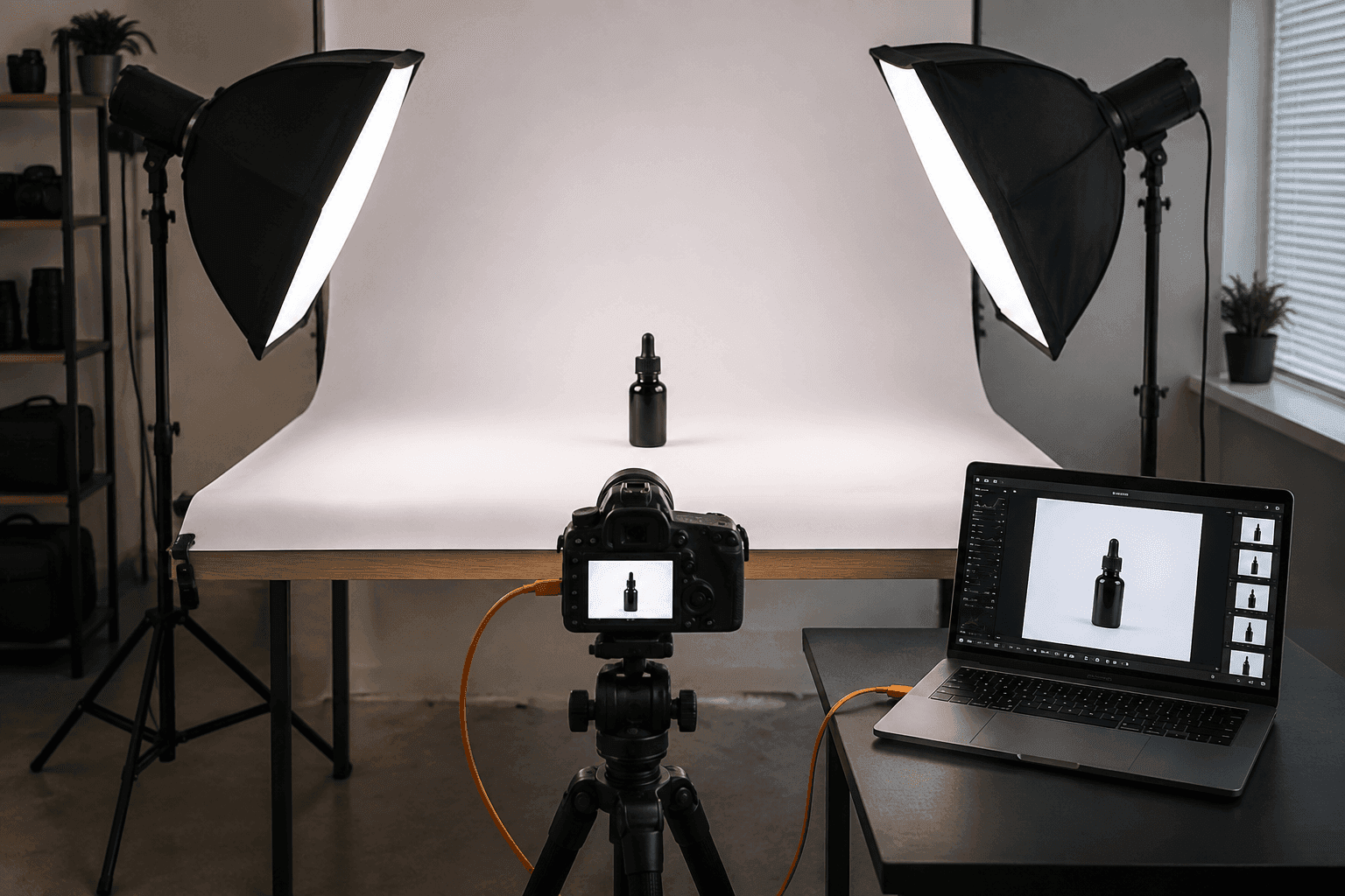 Studio fotograficzne z bezszwowym białym tłem, dwoma softboxami i aparatem na statywie.