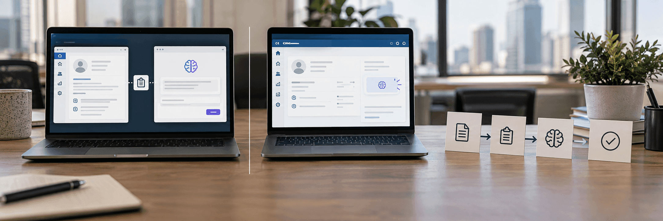 Dwa osobne okna łączone kopiuj-wklej obok jednego zintegrowanego panelu CRM.