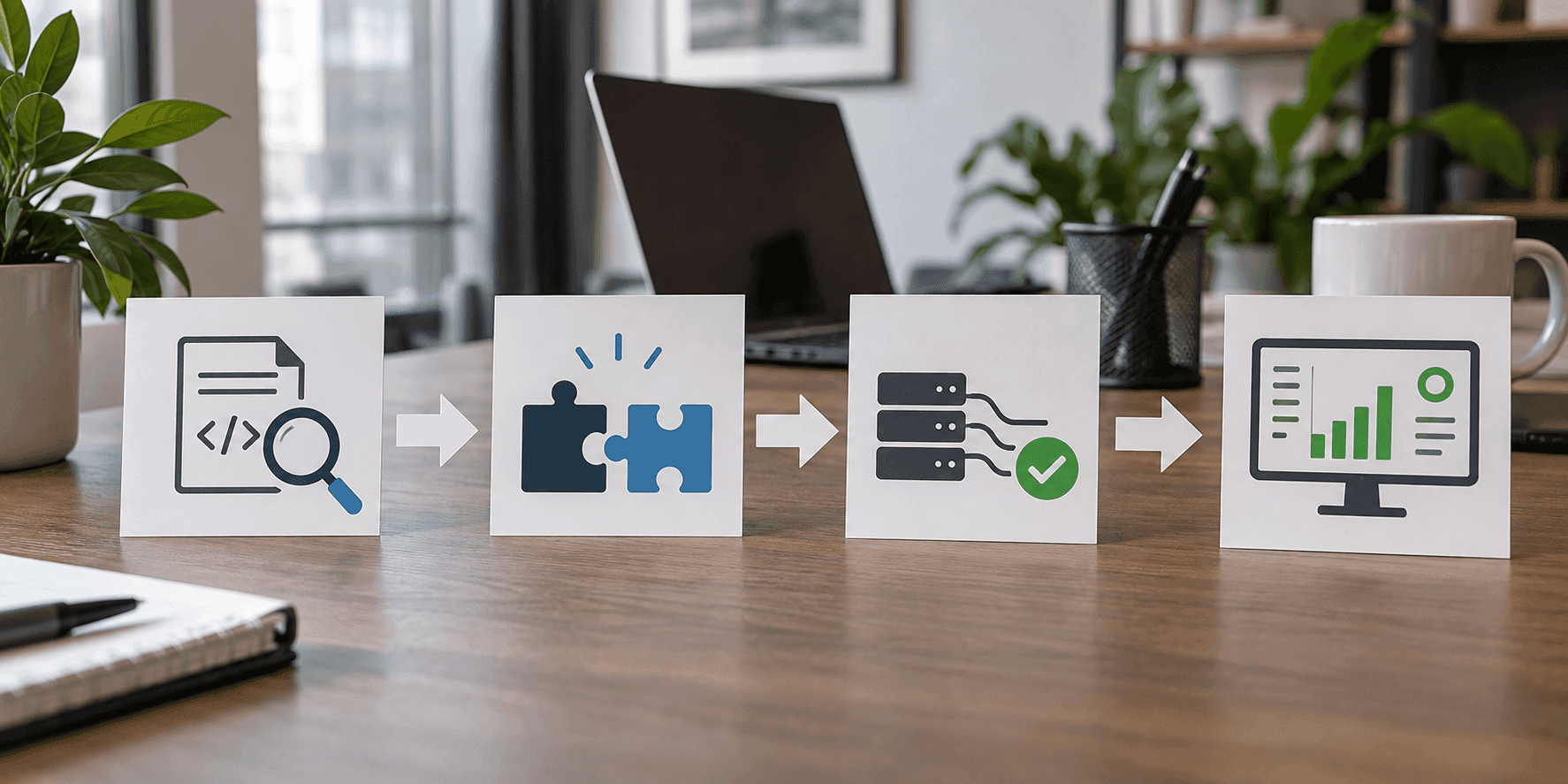 Diagram czterech kroków: analiza API, budowa integracji, test, wdrożenie produkcyjne.