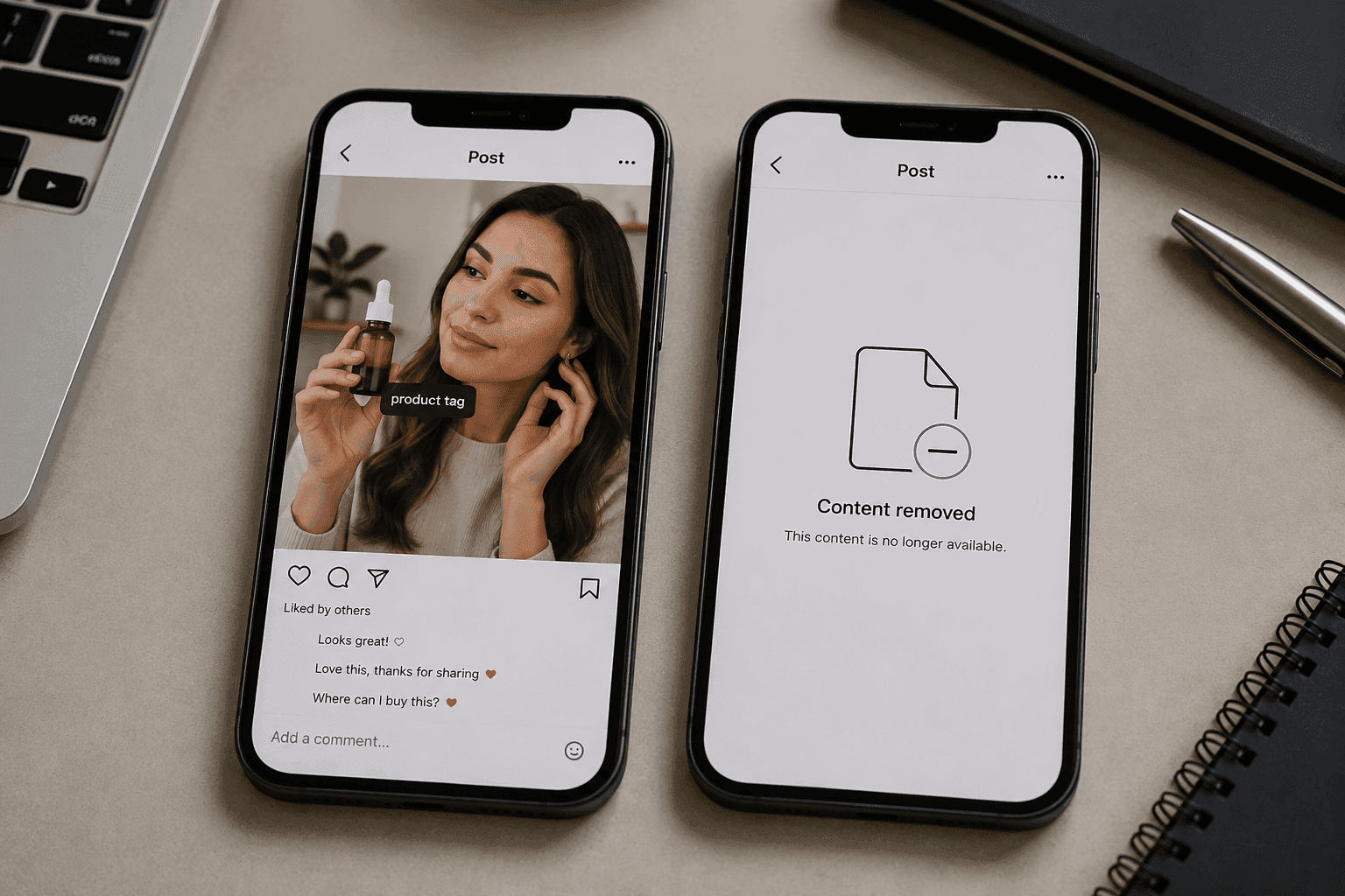Dwa telefony obok siebie — udany post influencera z tagami produktu i usunięty post.