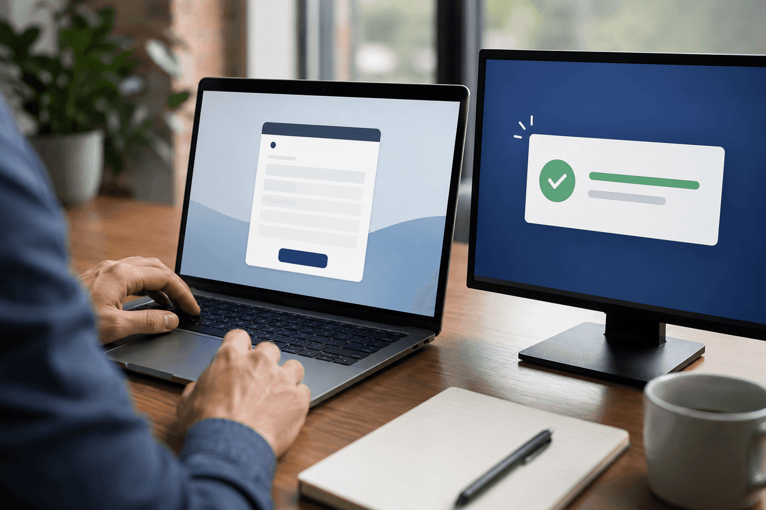 Laptop z formularzem kontaktowym w trakcie wypełniania obok ekranu z zielonym potwierdzeniem wysyłki