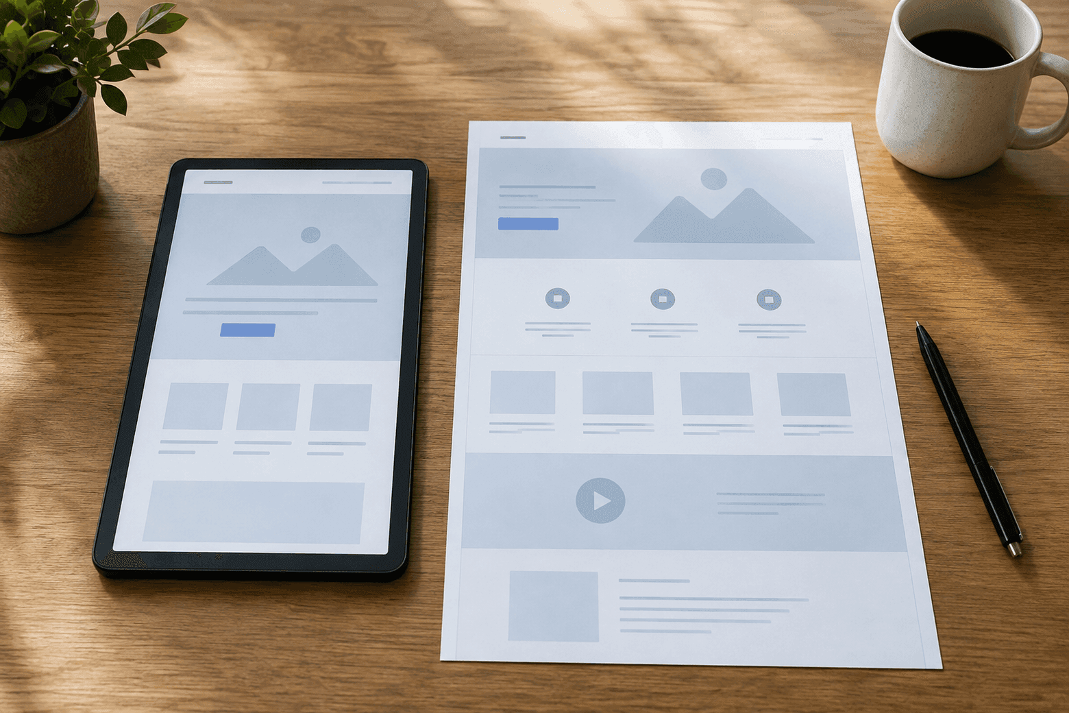 Tablet i laptop obok siebie, każdy z innym układem landing page o innej skali