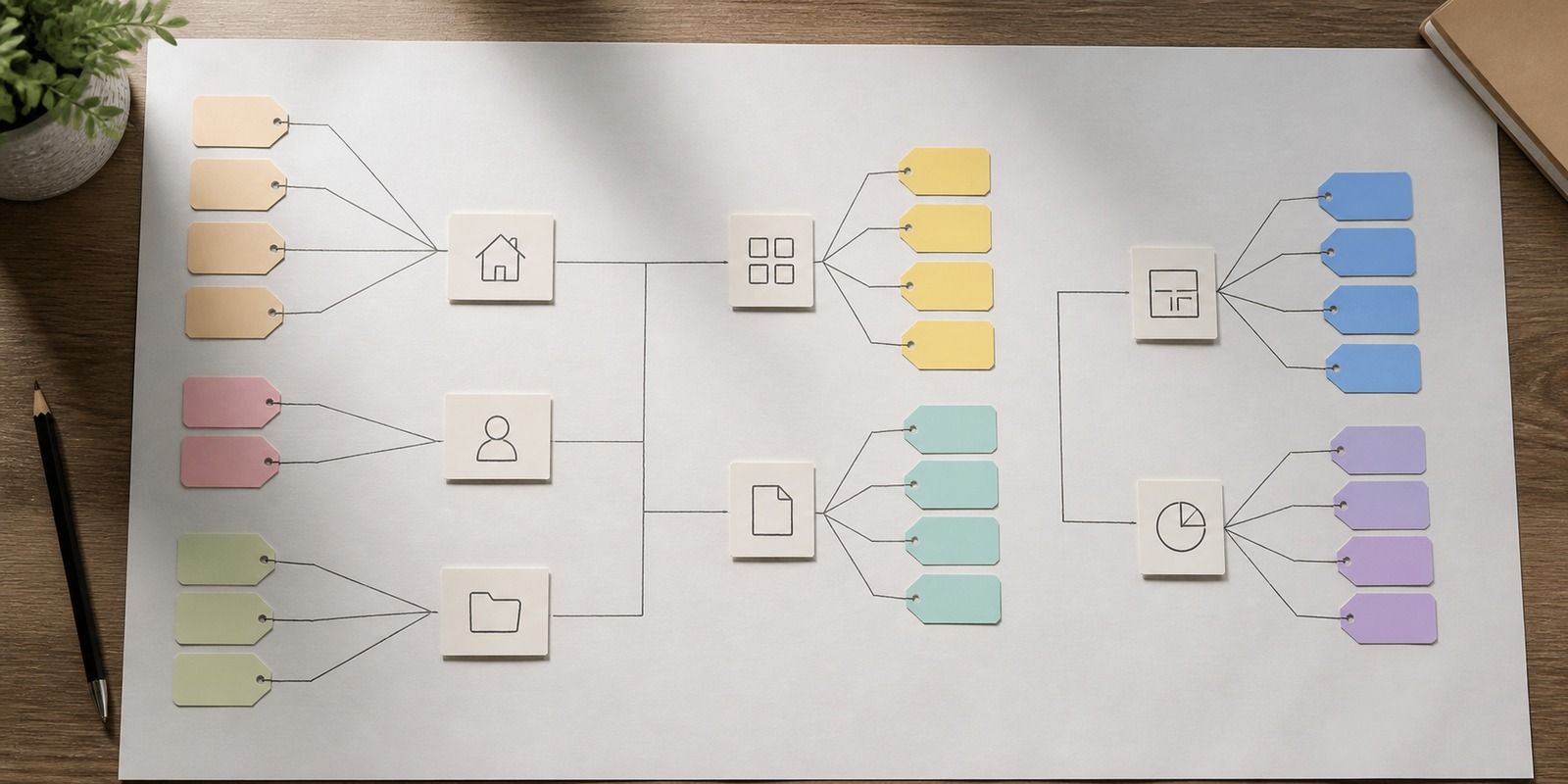 Diagram klastrów fraz połączonych liniami z osobnymi ikonami podstron