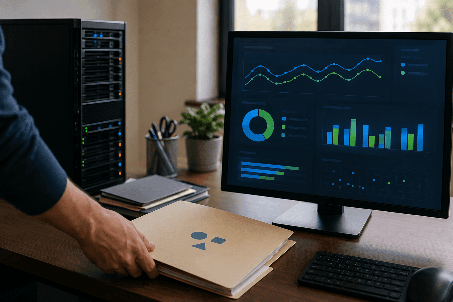 Dłoń odkłada teczkę z dokumentacją przy szafie serwerowej, w tle monitor z działającym dashboardem