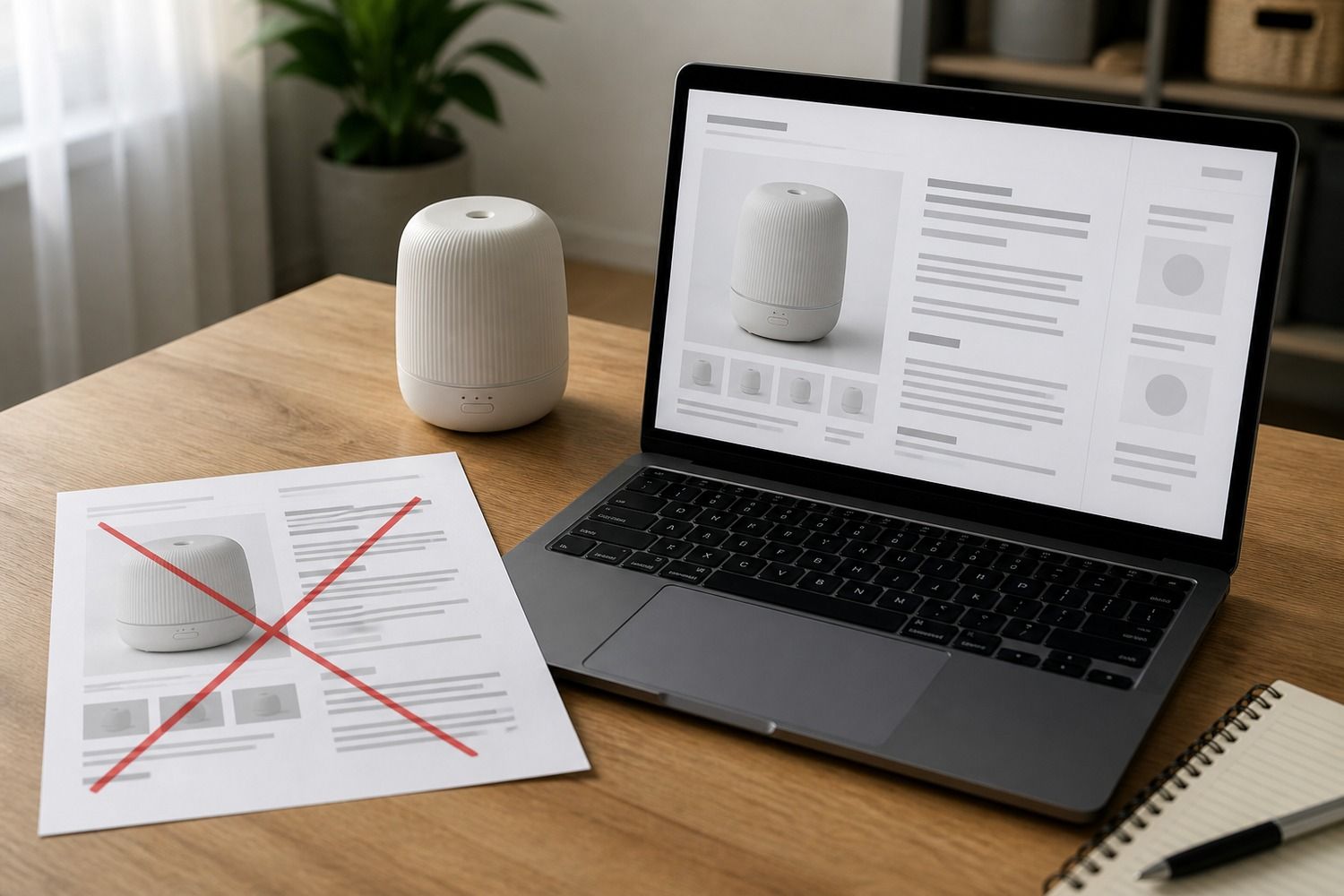 Karta katalogowa producenta przekreślona na czerwono obok laptopa z nowym opisem