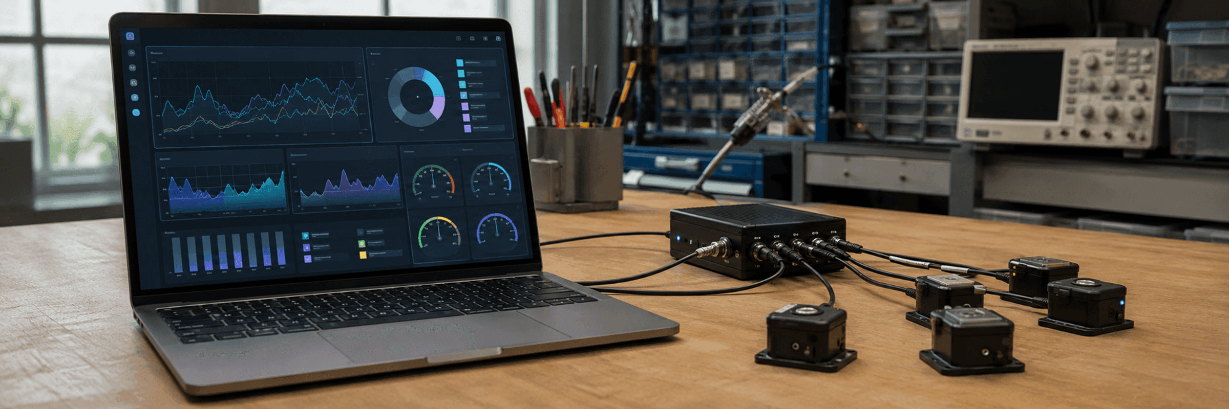 Laptop z dashboardem odczytów czujników połączony kablami z kilkoma modułami IoT na biurku