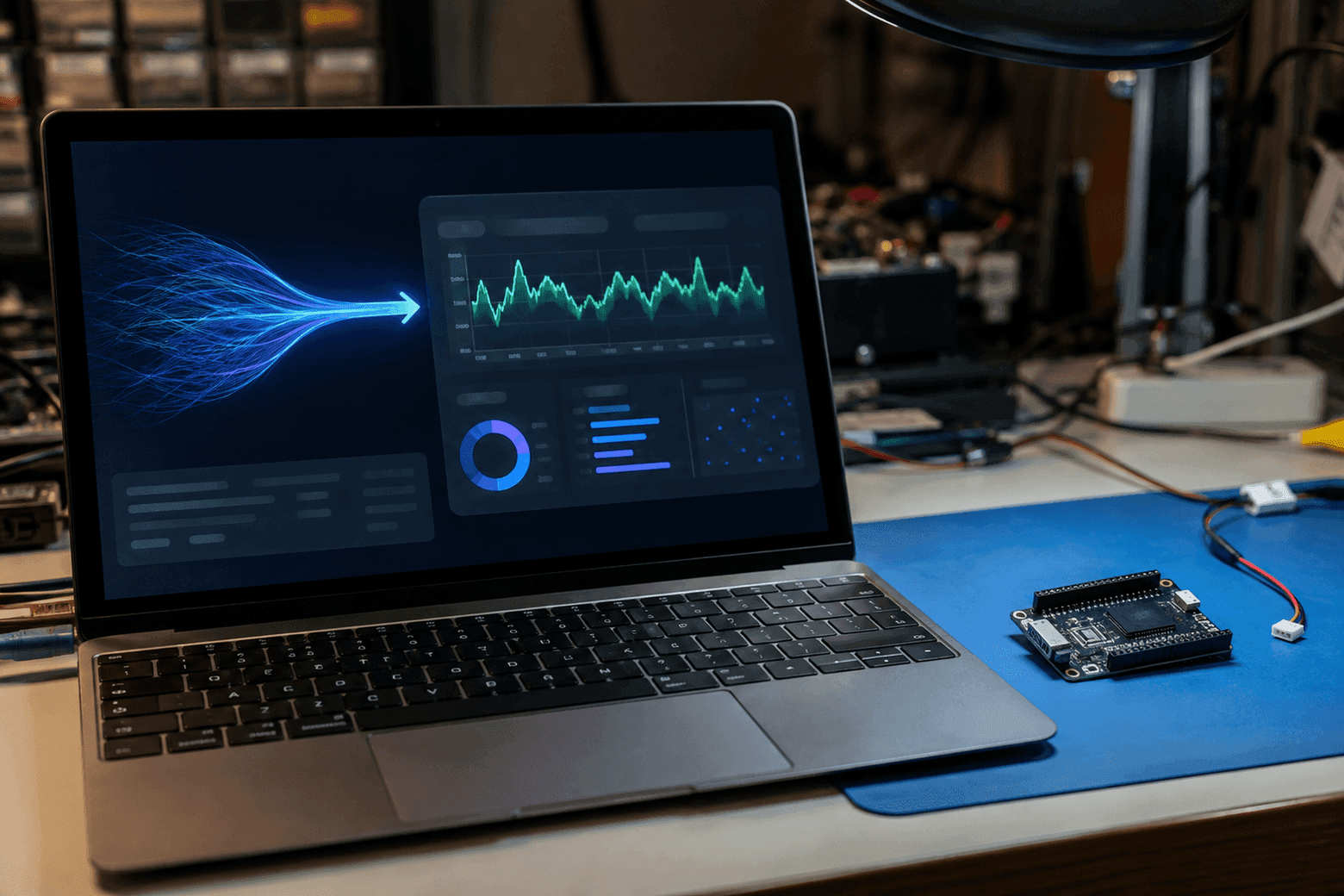 Laptop z animowanym strumieniem danych wpadającym do dashboardu, obok osobno leżąca płytka elektroniczna