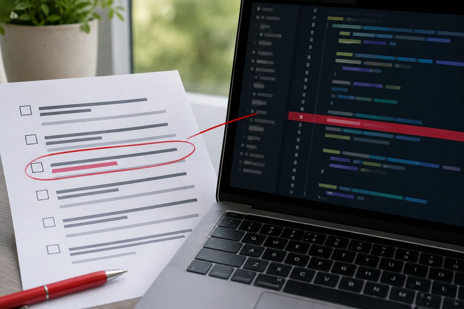 Zakreślony punkt na liście audytu obok wyróżnionej linii kodu na ekranie laptopa