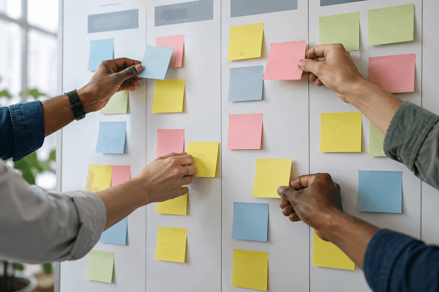 Kilka rąk przesuwających karty zadań na wspólnej tablicy kanban