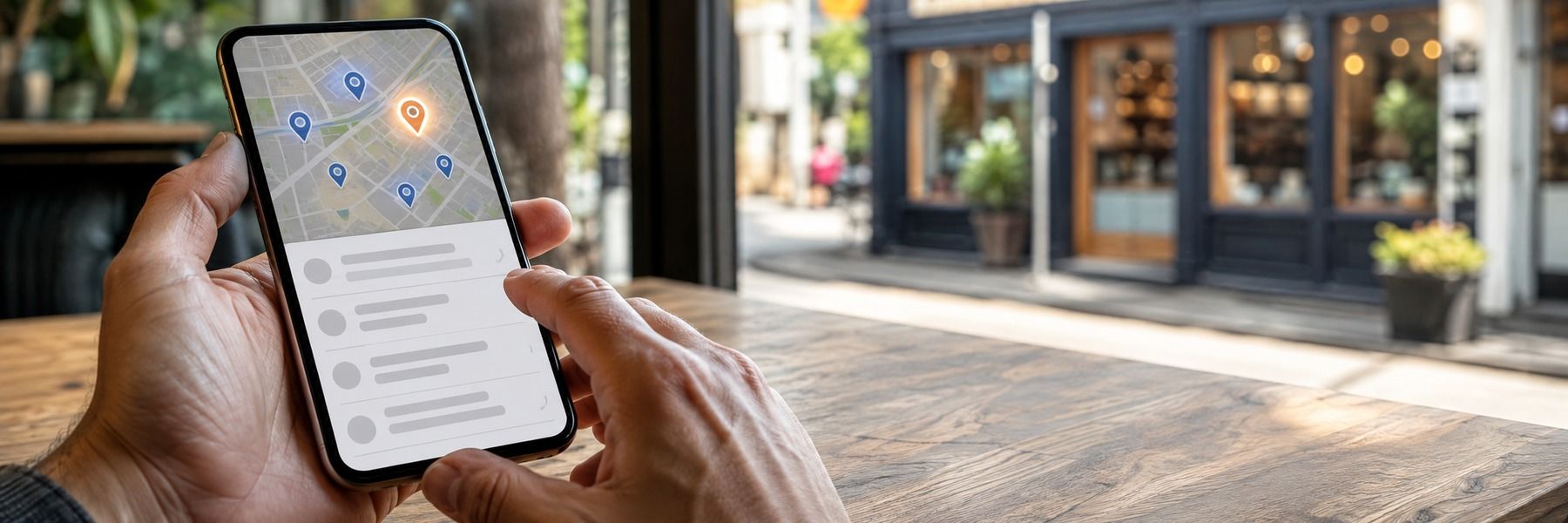 Smartfon z mapą i wyróżnioną pinezką firmy na szczycie lokalnych wyników