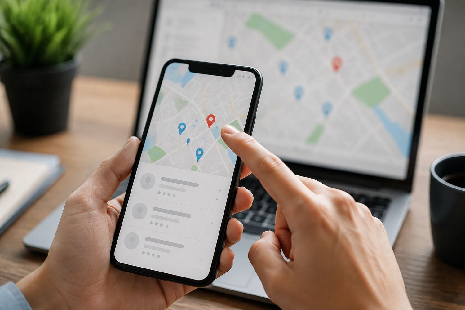 Smartfon z listą lokalnych wyników wyszukiwania i dłoń wskazująca górną pozycję