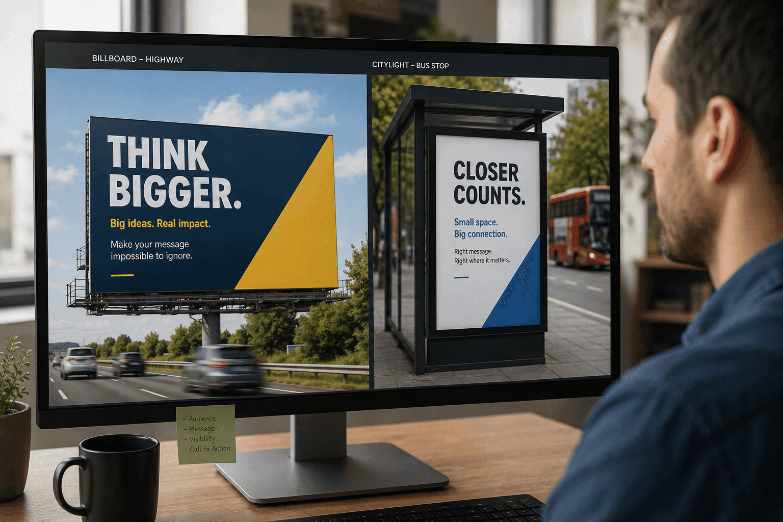 Ekran z dwoma projektami reklam — dużym billboardem i mniejszym citylightem.