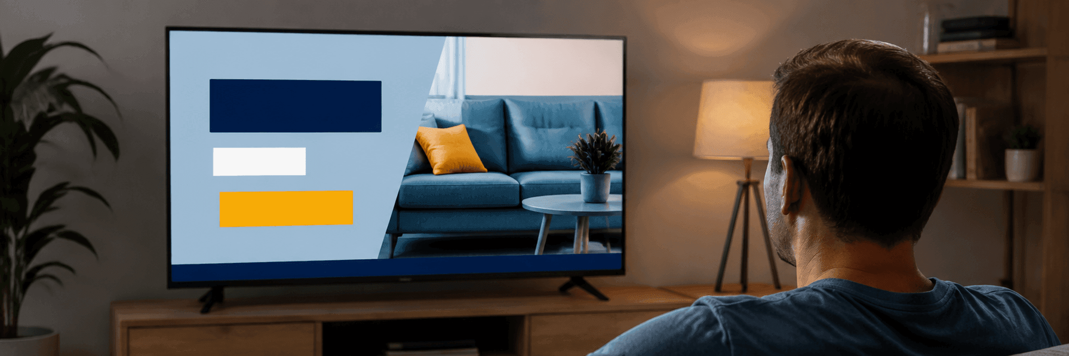 Telewizor w salonie z emitowanym spotem reklamowym, widz oglądający z kanapy.