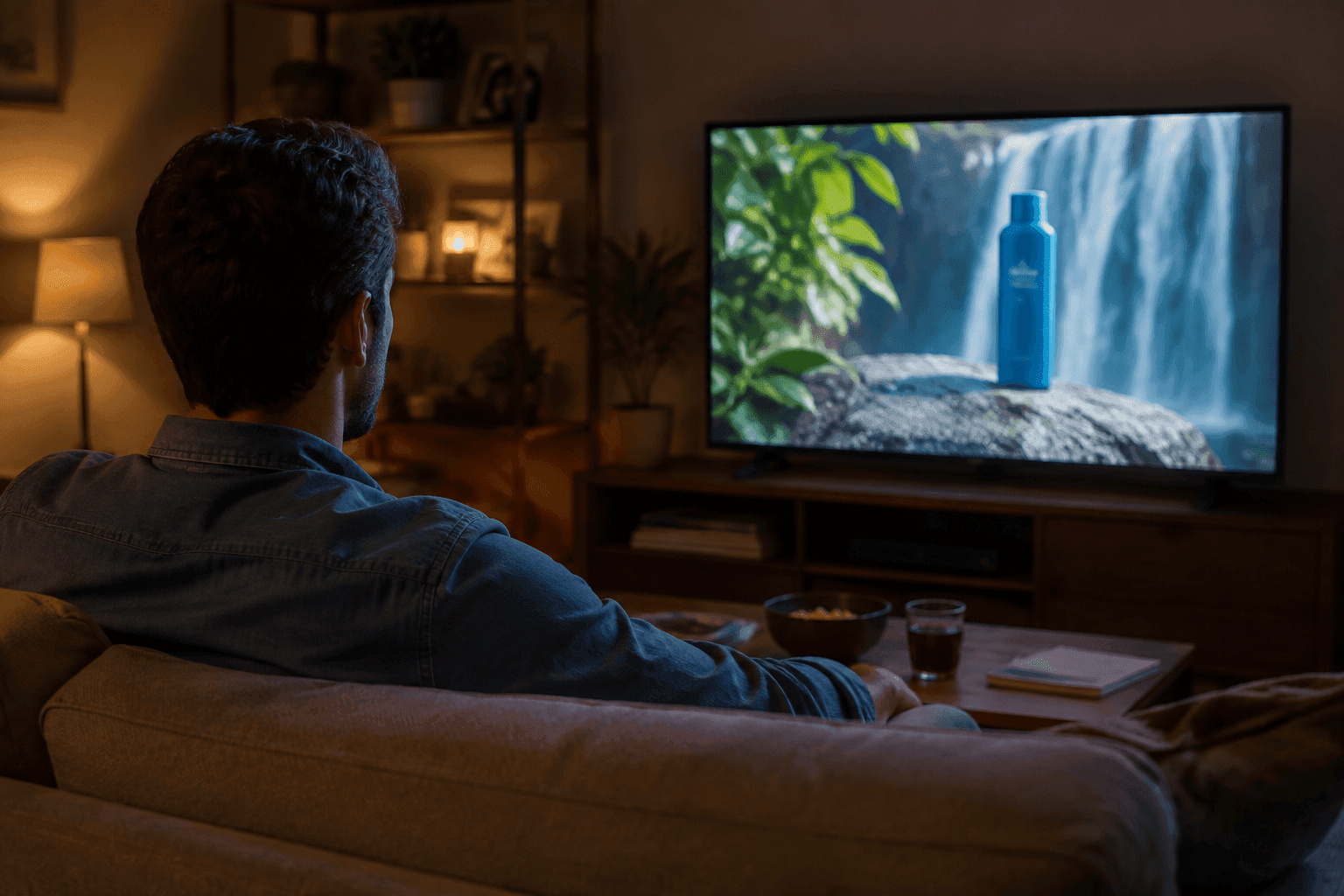 Widz z grupy docelowej ogląda w telewizji spot reklamowy firmy wieczorną porą.