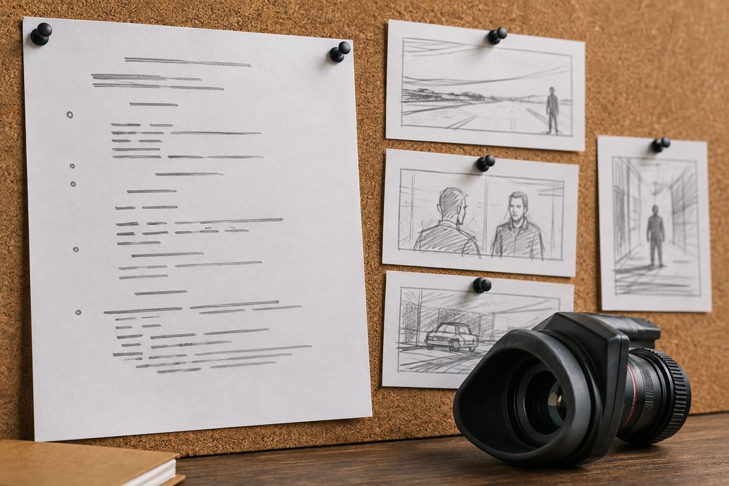 Fragment scenariusza przypięty do korkowej tablicy obok szkiców storyboardu