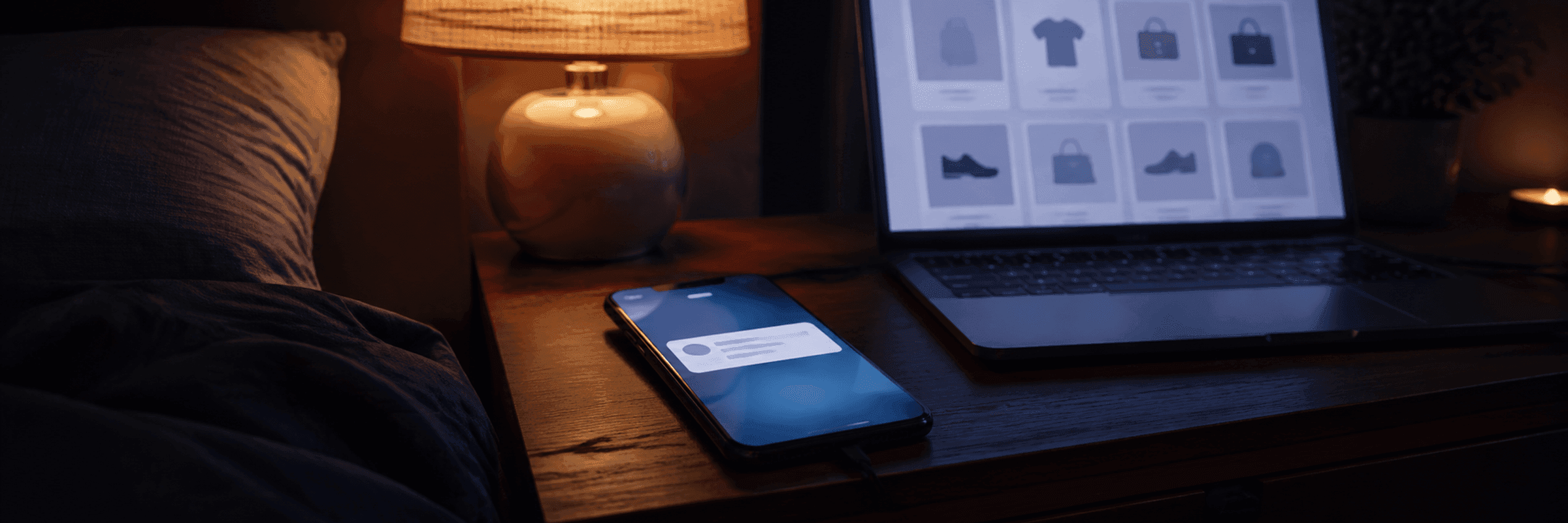 Telefon na stoliku nocnym z podświetlonym powiadomieniem o zamówieniu, w tle laptop z katalogiem produktów