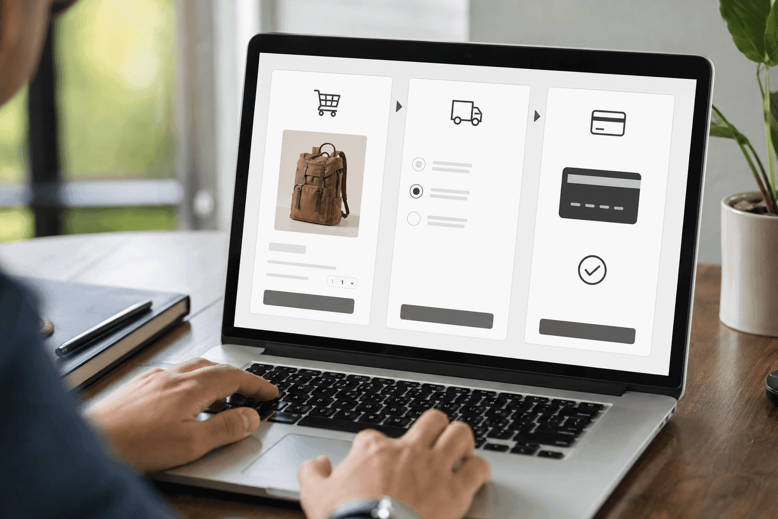 Ekran laptopa z trzema kolejnymi krokami zamówienia — koszyk, dostawa i płatność — obok produktu