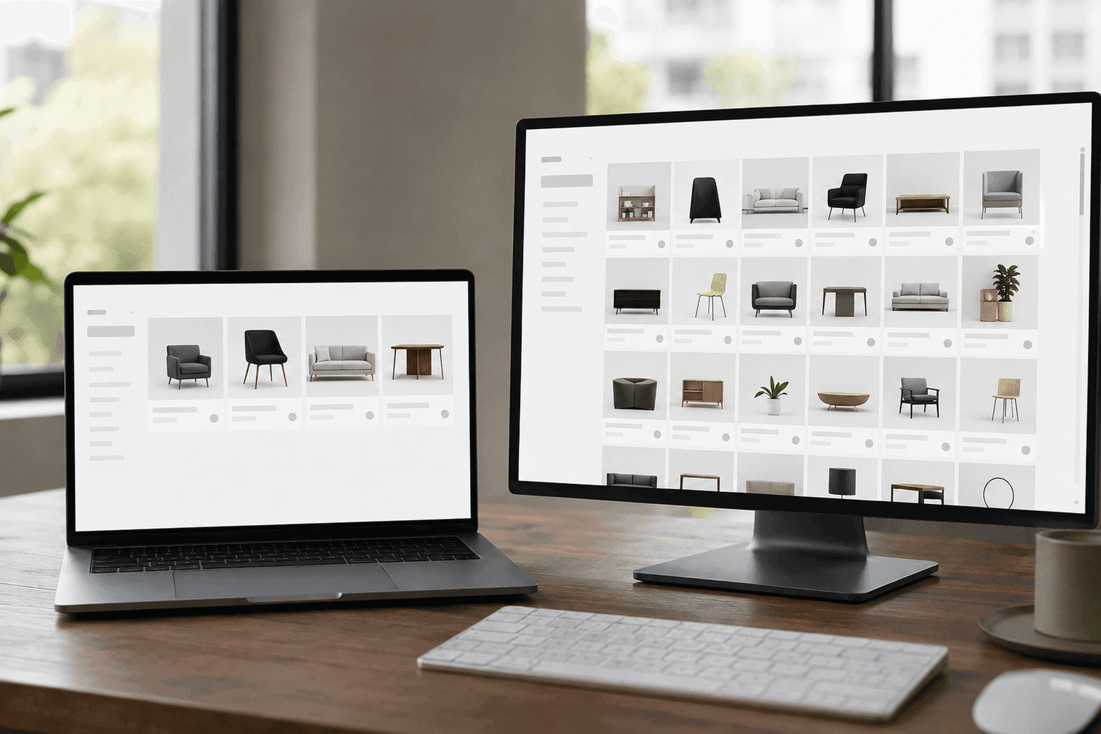 Mały katalog produktów na ekranie laptopa obok znacznie większego katalogu na dużym monitorze