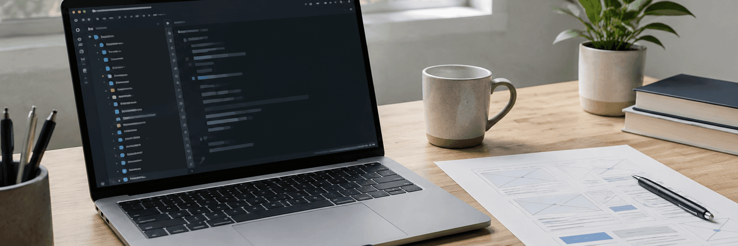 Laptop z widokiem repozytorium kodu obok wydrukowanej makiety strony i pisaka na biurku