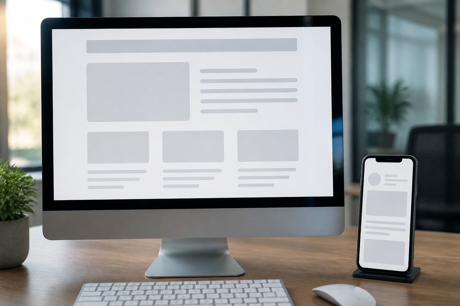 Szeroki układ strony bloga obok wąskiej wiadomości e-mail na smartfonie