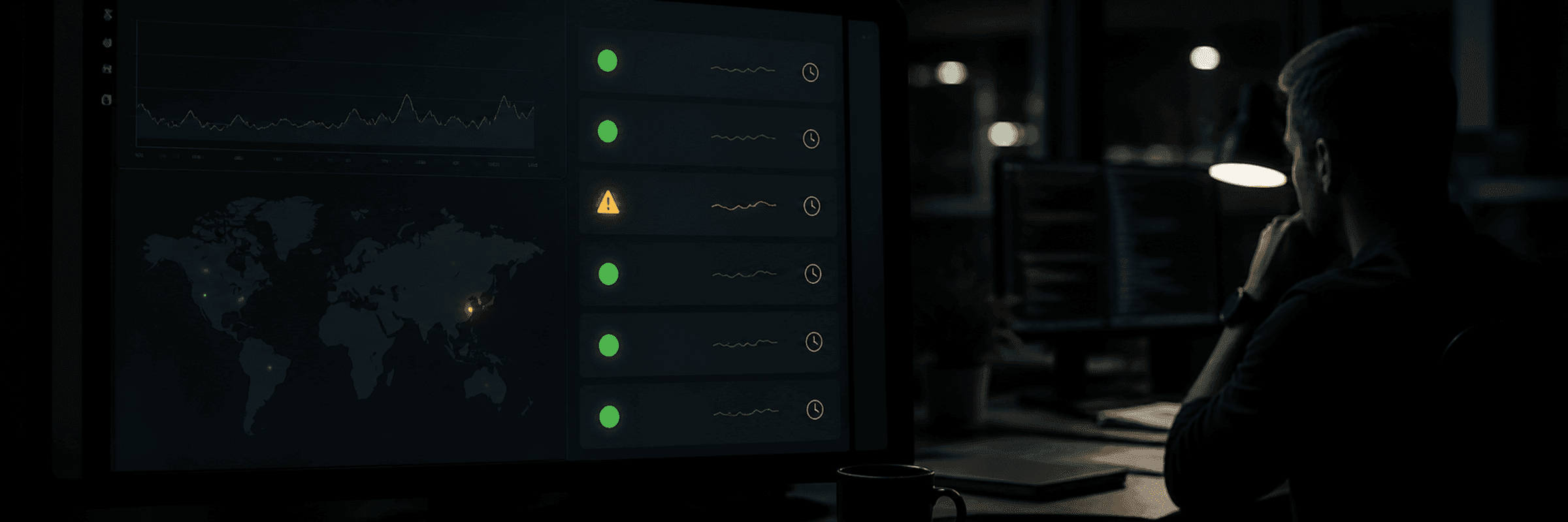 Ciemny panel monitoringu z listą statusów, jeden z nich pomarańczowy z ikoną ostrzeżenia