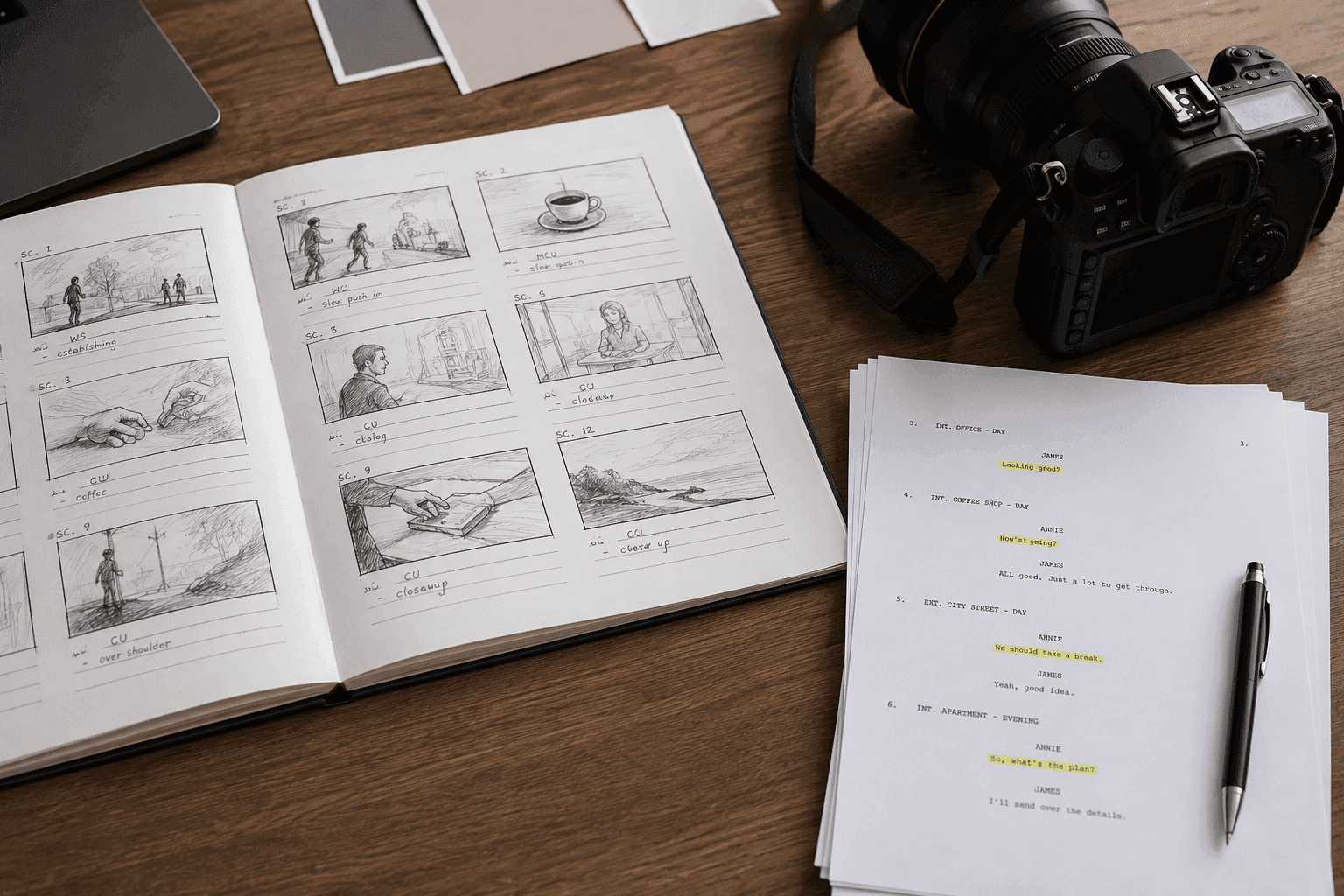 Storyboard z rysunkami kadrów i scenariusz na stole obok wyłączonej jeszcze kamery.