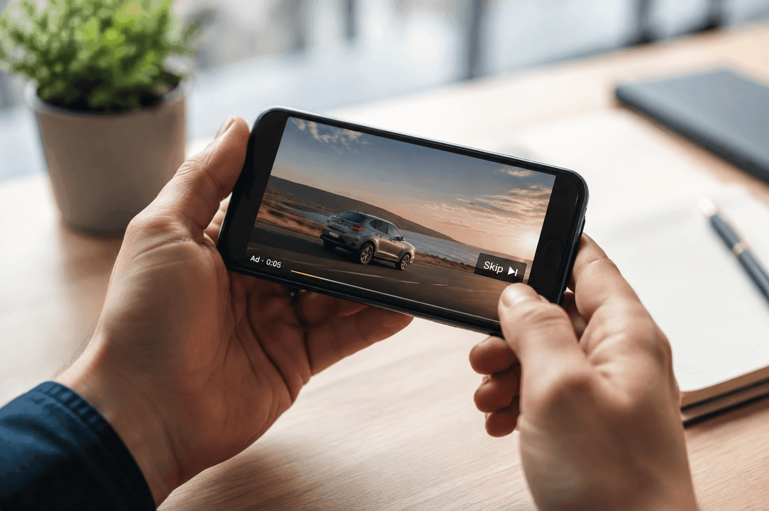 Ekran telefonu z reklamą wideo i przyciskiem pominięcia, do którego sięga kciuk widza.